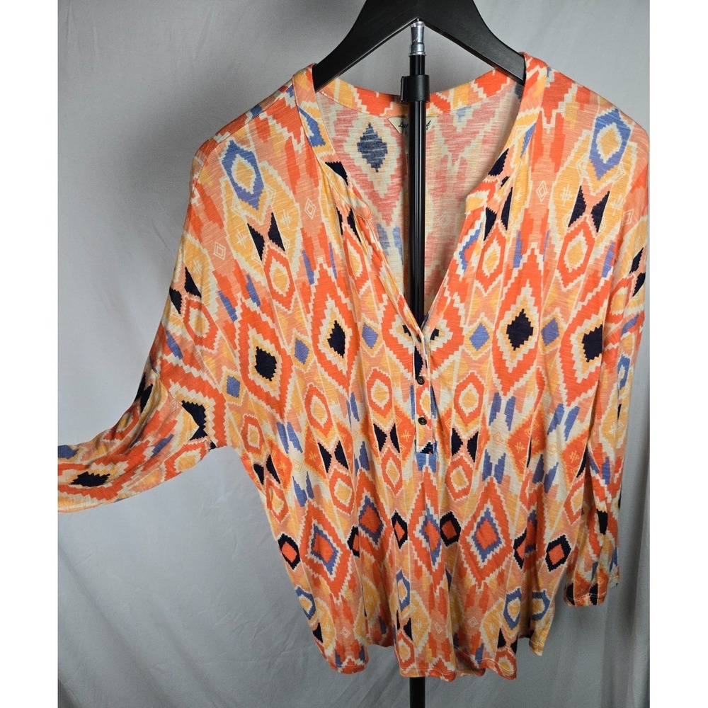 Lucky Brand Sz XL Boho Southwestern Aztec Geometric Print Henley Top 3/4 Sleeve